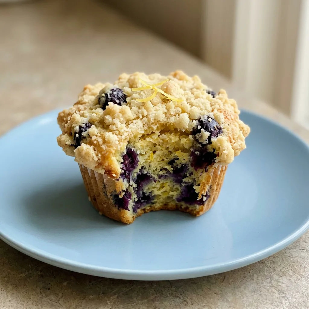 Overhead shot of a lemon blueberry muffin with visible blueberries and a lemon glaze on top.