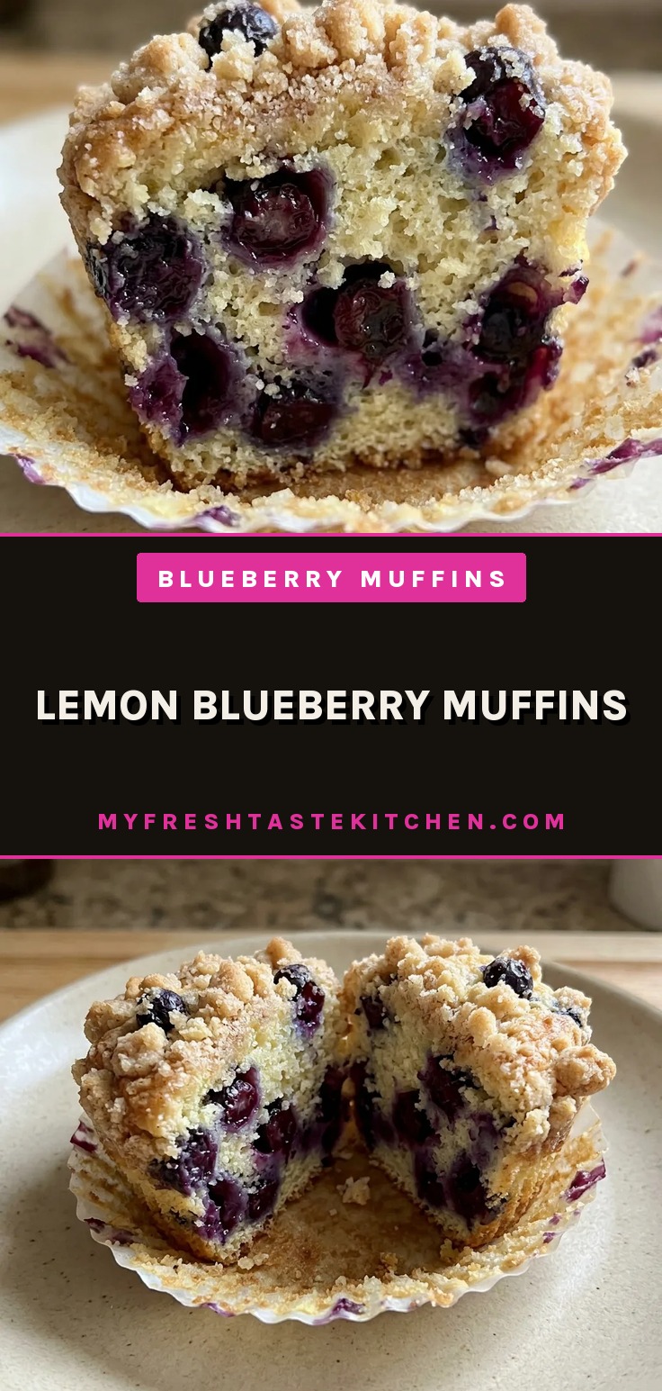 Looking down at a lemon blueberry muffin topped with a lemon glaze and fresh blueberries.