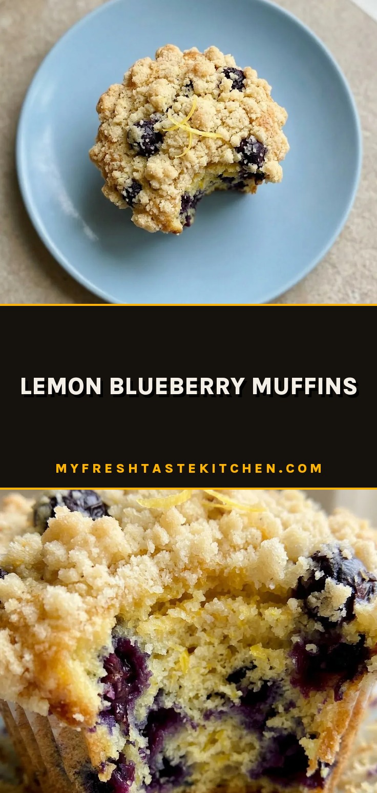 Freshly baked blueberry muffins with lemon crumb topping, showing golden brown tops and juicy blueberries.
