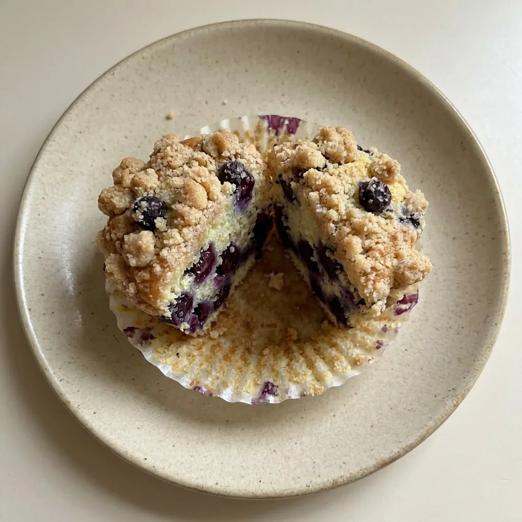 A plate of lemon blueberry muffins with a glossy lemon glaze and scattered blueberries.