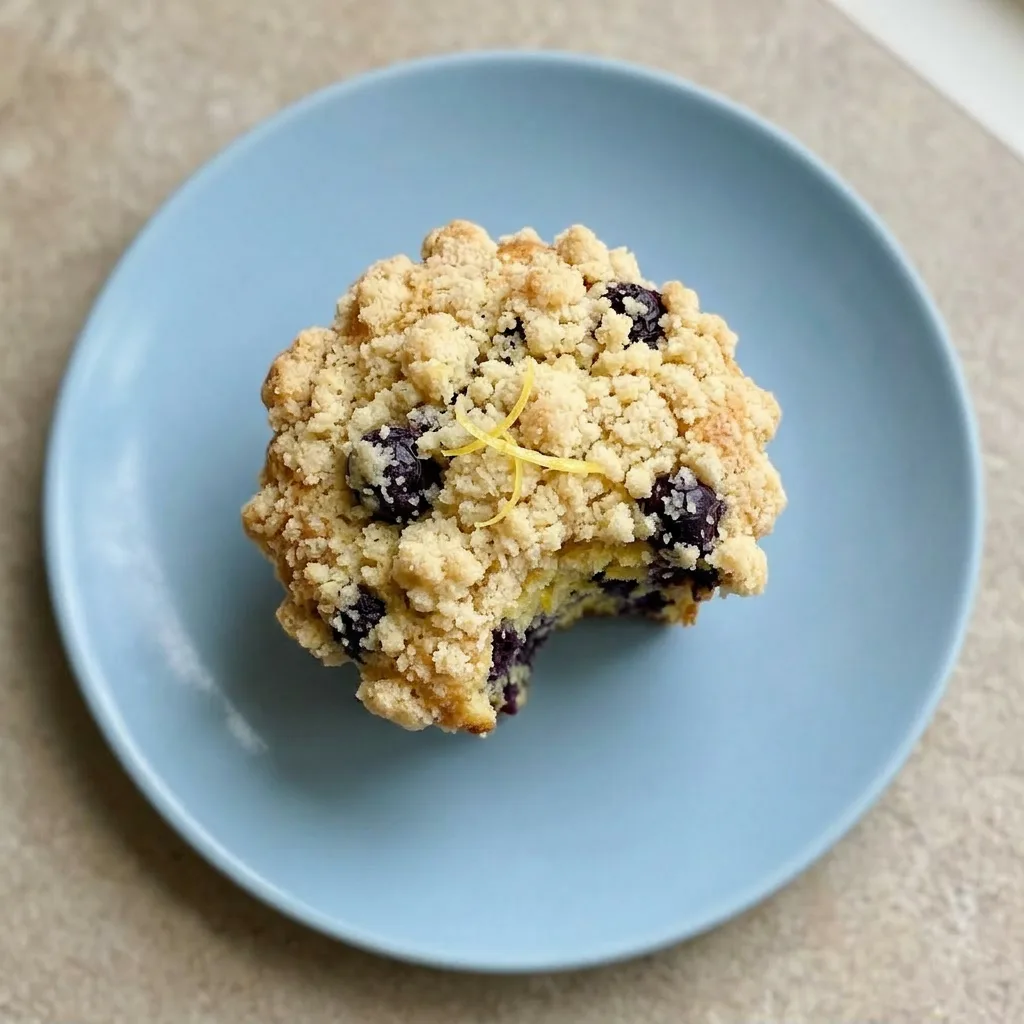 Plated lemon blueberry muffin with blueberries and lemon glaze visible.