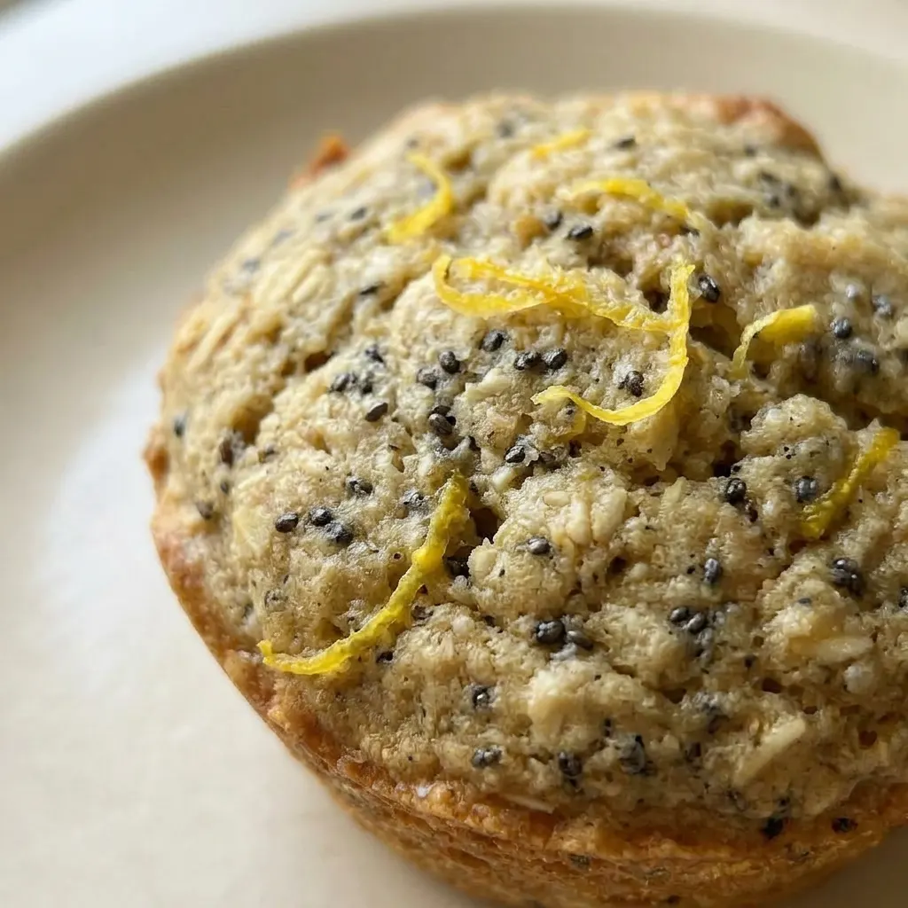 Macro detail of a lemon chia oat muffin showing a cracked top with chia seeds and a golden crust.