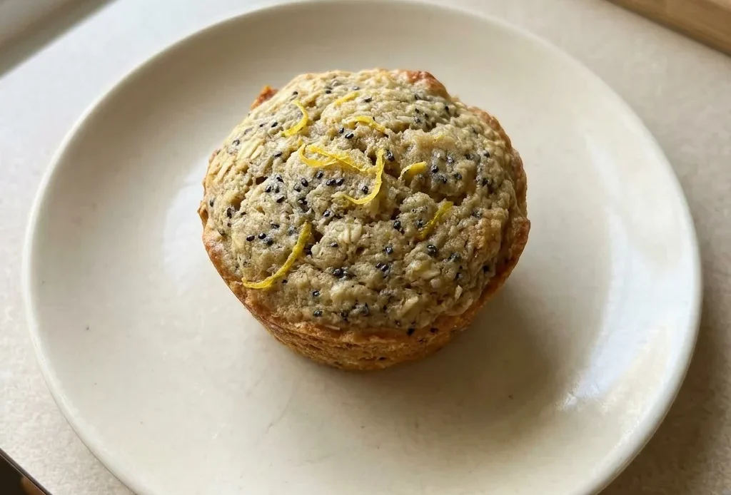 Top-down look at a lemon chia oat muffin with visible chia seeds and a glossy top.