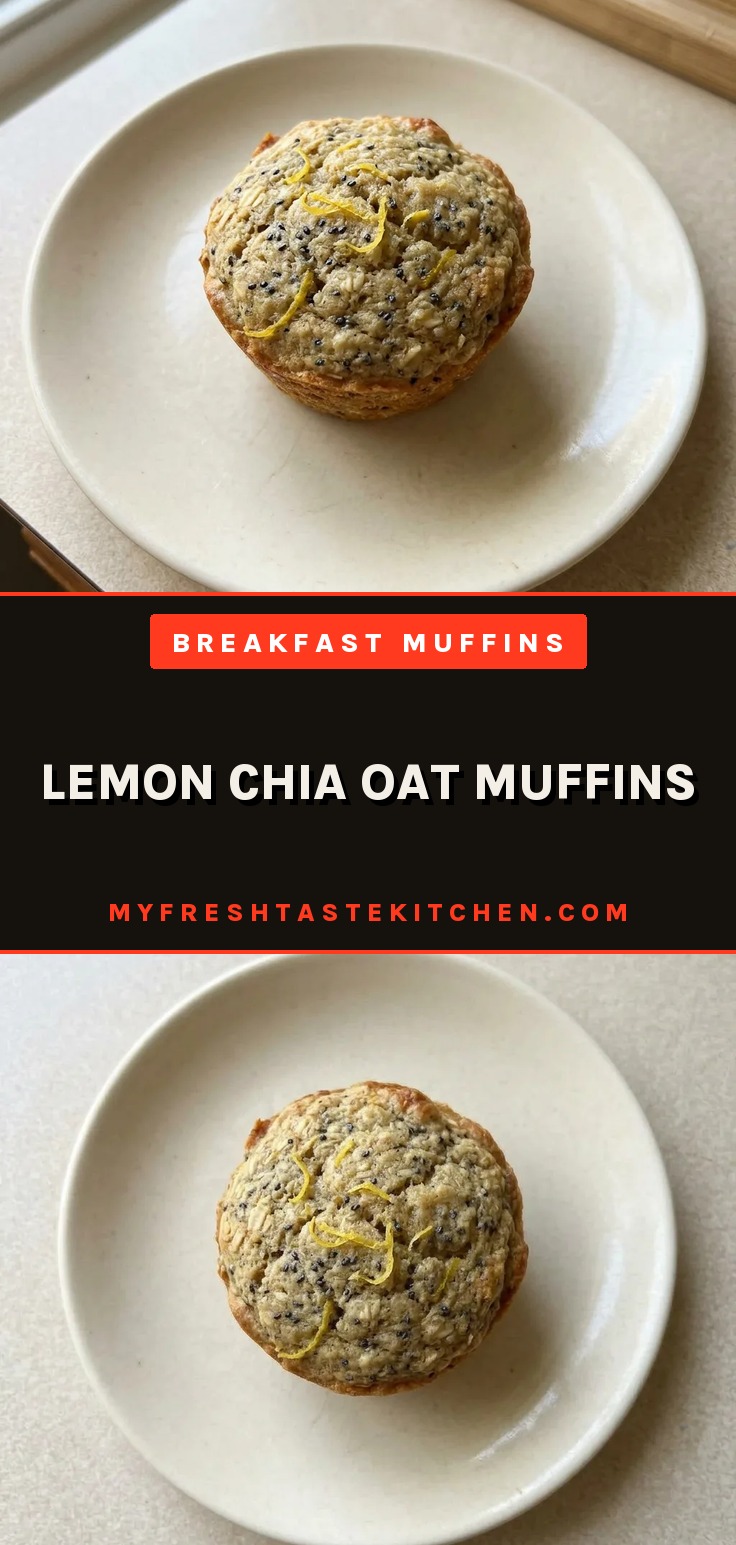 Top-down look at a lemon chia oat muffin with visible chia seeds and a glossy top.