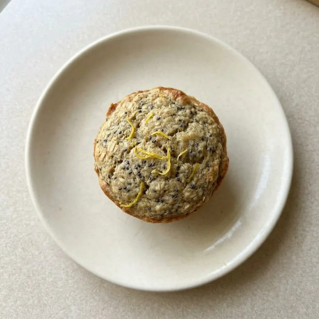 A serving of lemon chia oat muffin with a moist crumb and visible chia seeds on the surface.