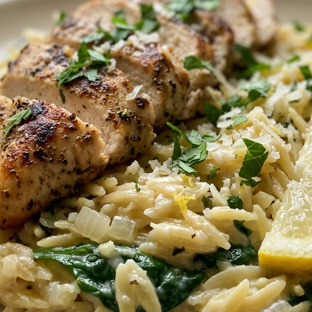 Up close, creamy orzo and spinach coat tender chicken pieces, with visible lemon zest and parmesan shreds.