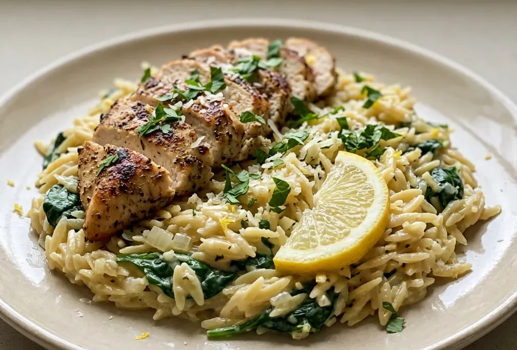 Looking down at a bowl of lemon chicken orzo with spinach and parmesan, garnished with lemon slices.