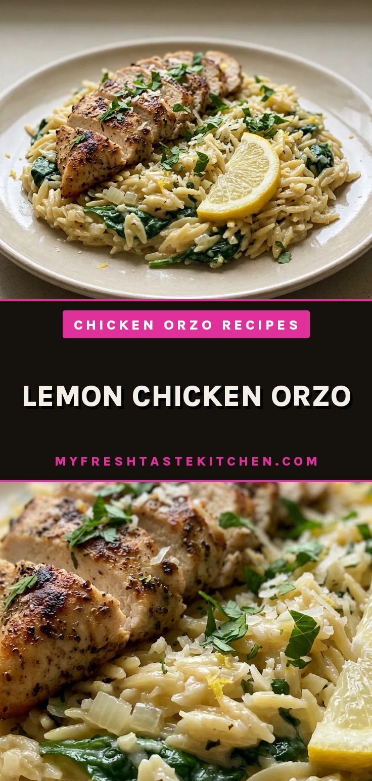 Looking down at a bowl of lemon chicken orzo with spinach and parmesan, garnished with lemon slices.