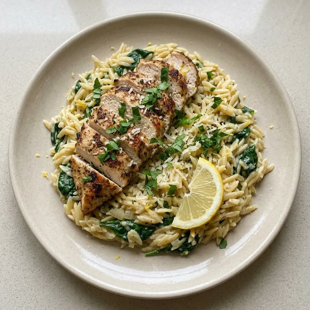 A plate of lemon chicken orzo topped with fresh spinach and a sprinkle of parmesan, served with lemon wedges.