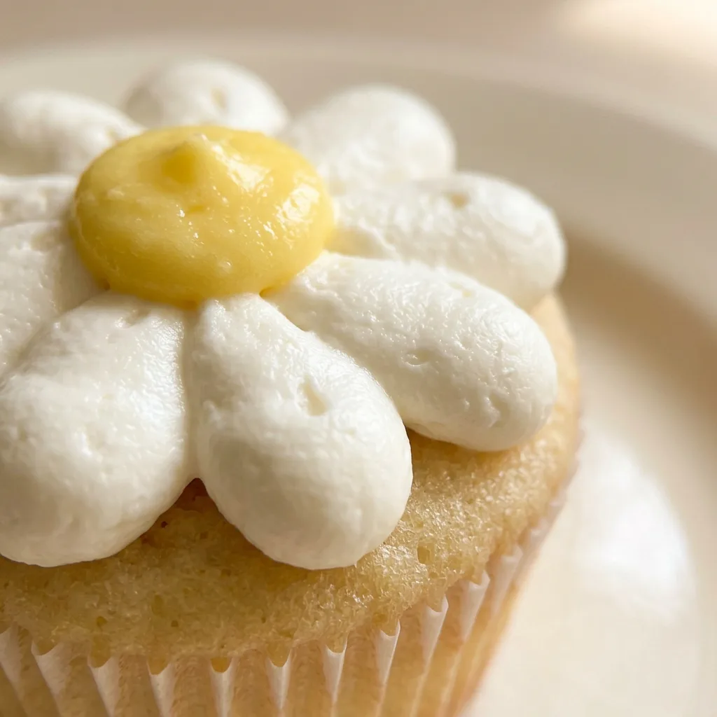 Zoomed in on a lemon cupcake with piped white daisy frosting and a glossy lemon curd center.