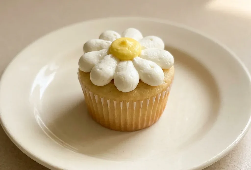 Bird's-eye view of a lemon cupcake topped with white daisy frosting and a dollop of lemon curd.