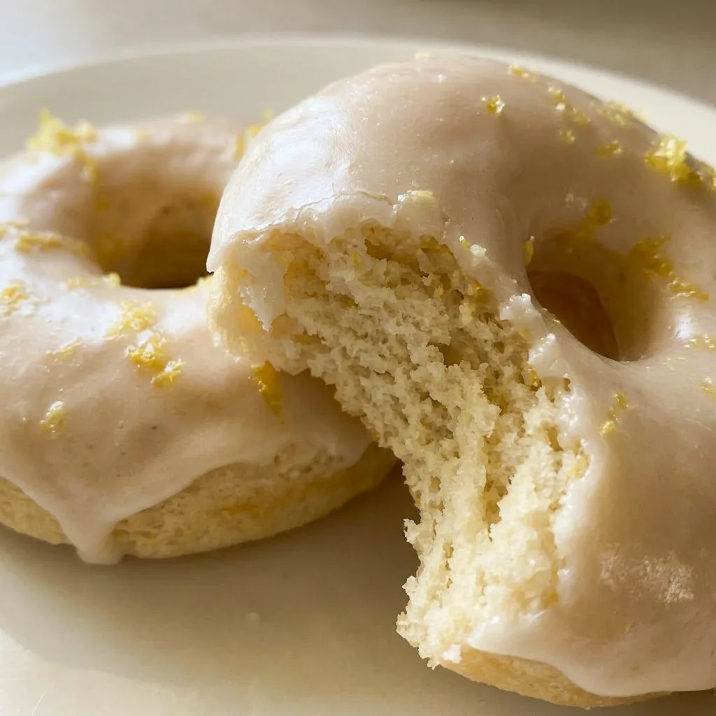 Up close, a lemon donut with thick white icing and visible butter crumbs, topped with yellow zest.
