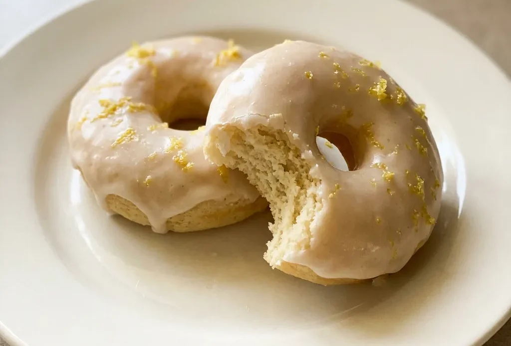Looking down at three lemon donuts with glossy white glaze and yellow zest on a white plate.