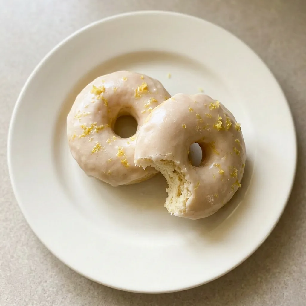 A plate of four lemon donuts drizzled with white confectioners' sugar glaze and sprinkled with lemon zest.