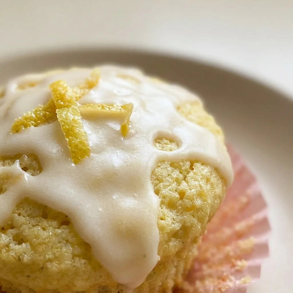 Macro detail of a lemon yogurt muffin showing a golden-brown dome with yogurt and lemon zest.