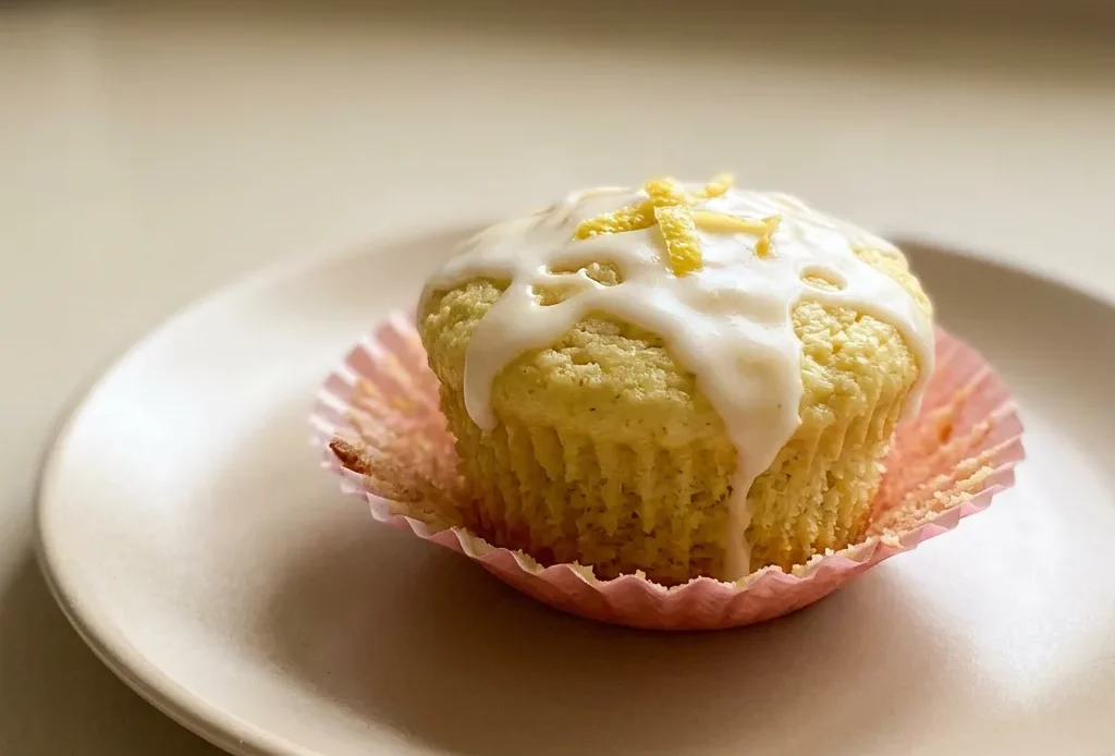 Top-down look at a lemon yogurt muffin with a visible swirl of yogurt and lemon zest on top.