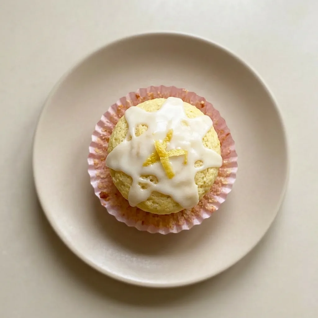 A serving of a lemon yogurt muffin with a glossy yogurt topping and lemon zest.