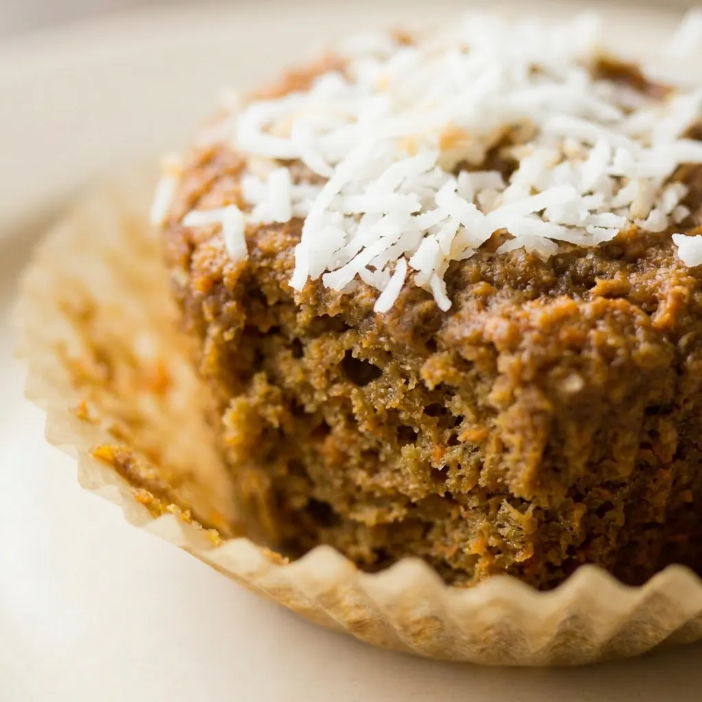 Close view of a muffin with visible lentil and carrot pieces, garnished with applesauce and coconut.
