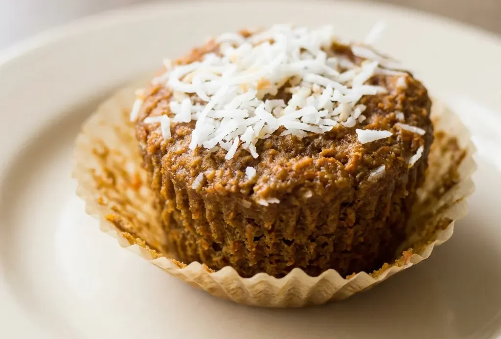 Overhead shot of a round lentil carrot muffin topped with shredded coconut and a dollop of yogurt.