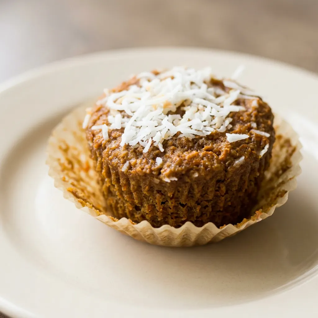 Overhead shot of a round lentil carrot muffin topped with shredded coconut and a dollop of yogurt.