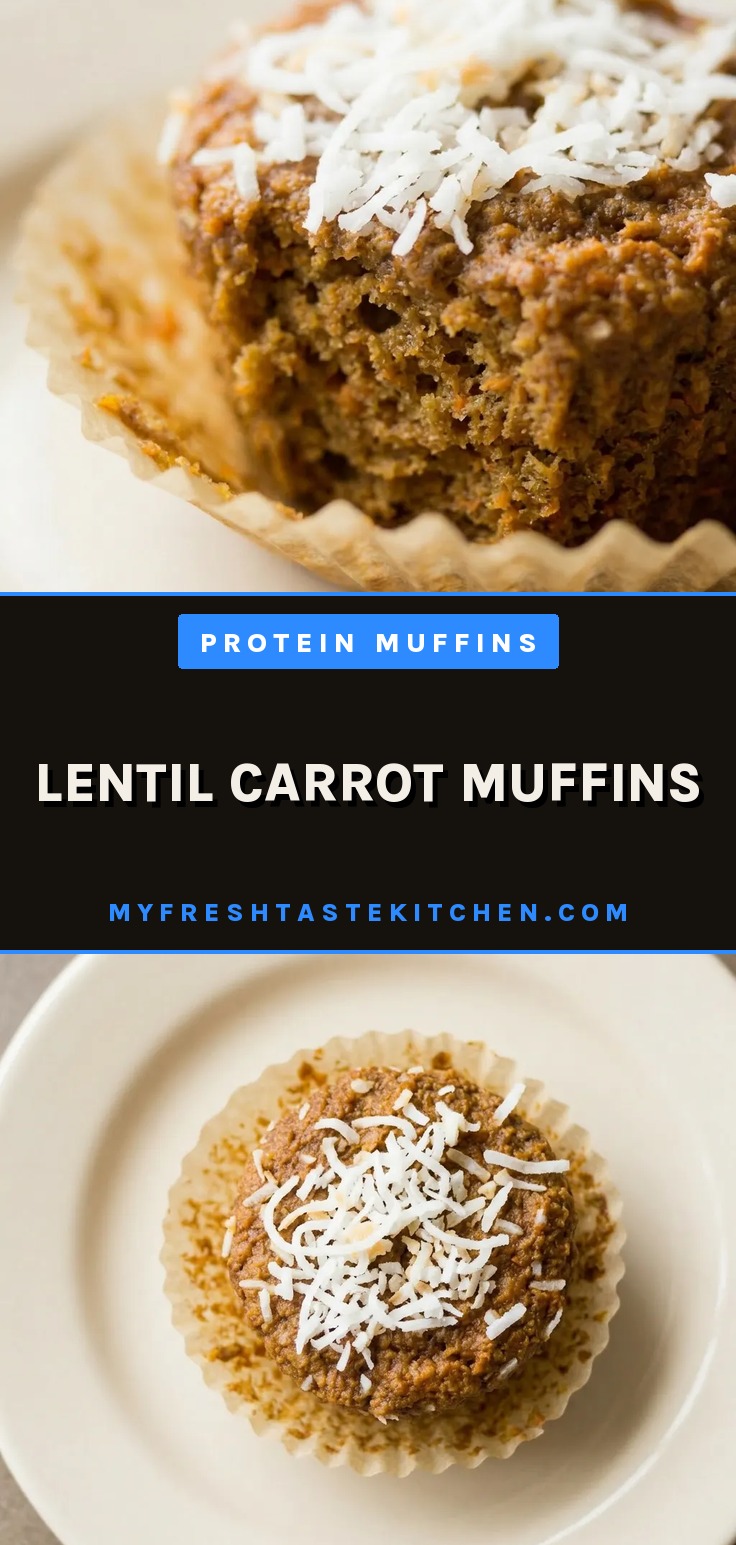 Overhead shot of a round lentil carrot muffin topped with shredded coconut and a dollop of yogurt.