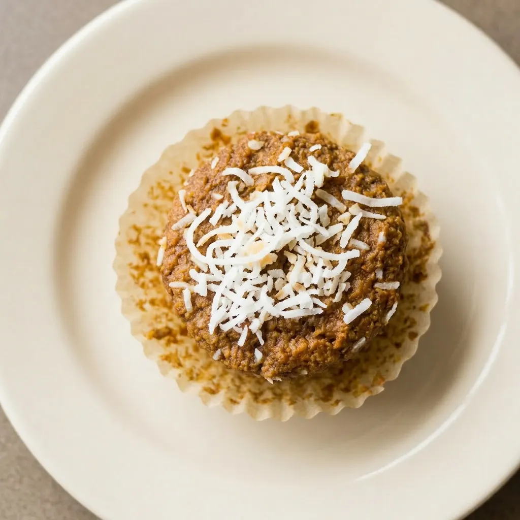 Plated muffin with a yogurt swirl and carrot shreds on top, angled to show its domed shape.