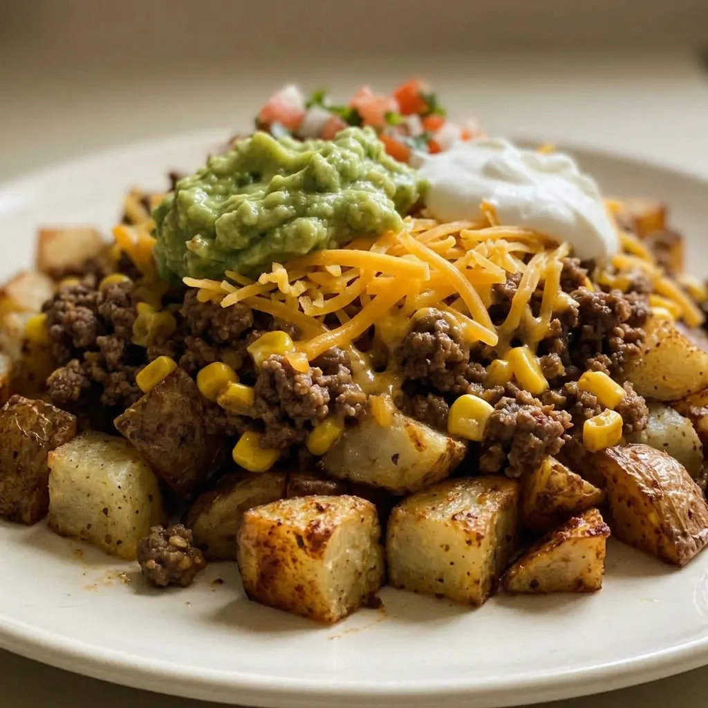 Close view of a loaded potato taco bowl with ground beef, melted cheddar, guacamole, pico de gallo, sour cream, and corn.