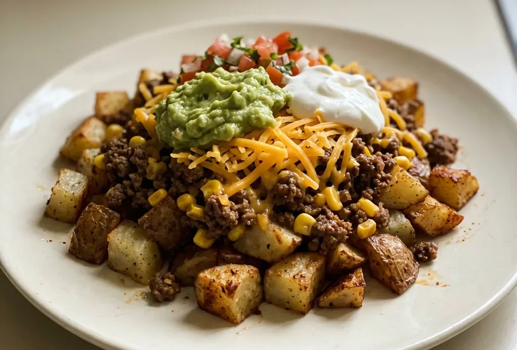 Overhead shot of diced potatoes and seasoned ground beef topped with corn, cheddar cheese, guacamole, pico de gallo, and sour cream.