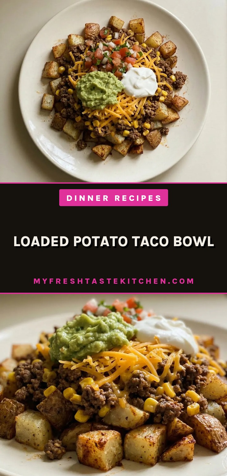 Overhead shot of diced potatoes and seasoned ground beef topped with corn, cheddar cheese, guacamole, pico de gallo, and sour cream.