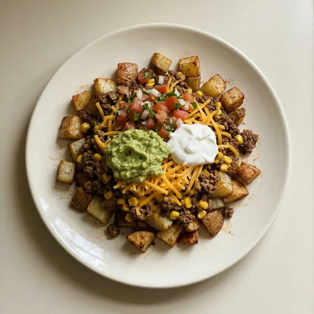 Plated potato taco bowl featuring browned ground beef, chili-spiced potatoes, corn, shredded cheddar, guacamole, pico de gallo, and sour cream.