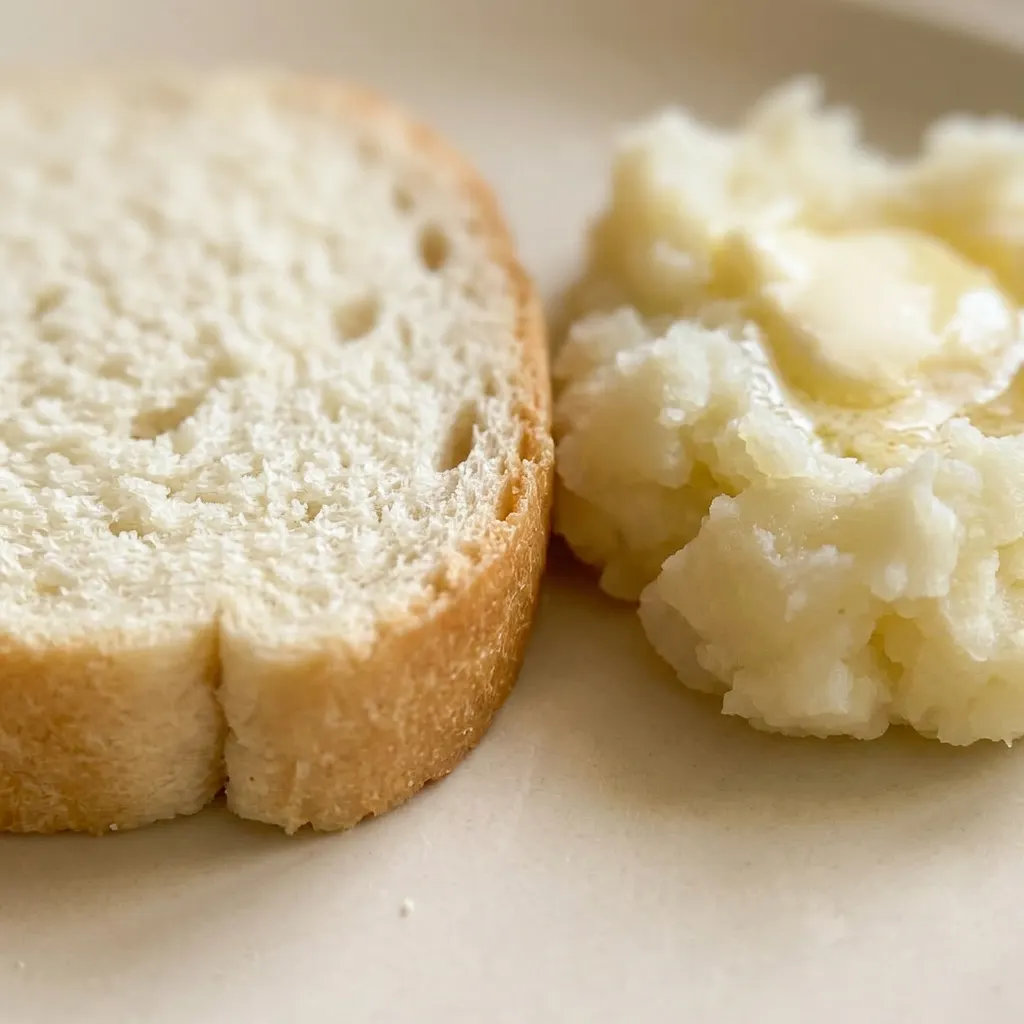 Up close, a slice of bread with a soft crumb and a few visible salt crystals on the crust.