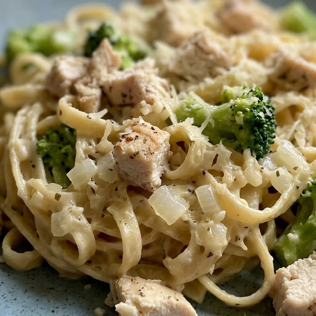 Zoomed in on tender chicken and broccoli coated in Alfredo sauce with visible Parmesan and garlic.