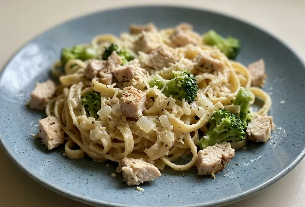 Bird's-eye view of pasta, chicken, and broccoli in creamy sauce with Parmesan and cream cheese.