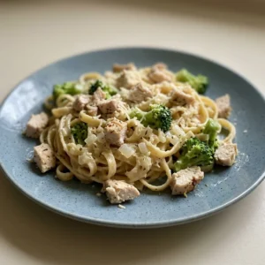 Bird's-eye view of pasta, chicken, and broccoli in creamy sauce with Parmesan and cream cheese.