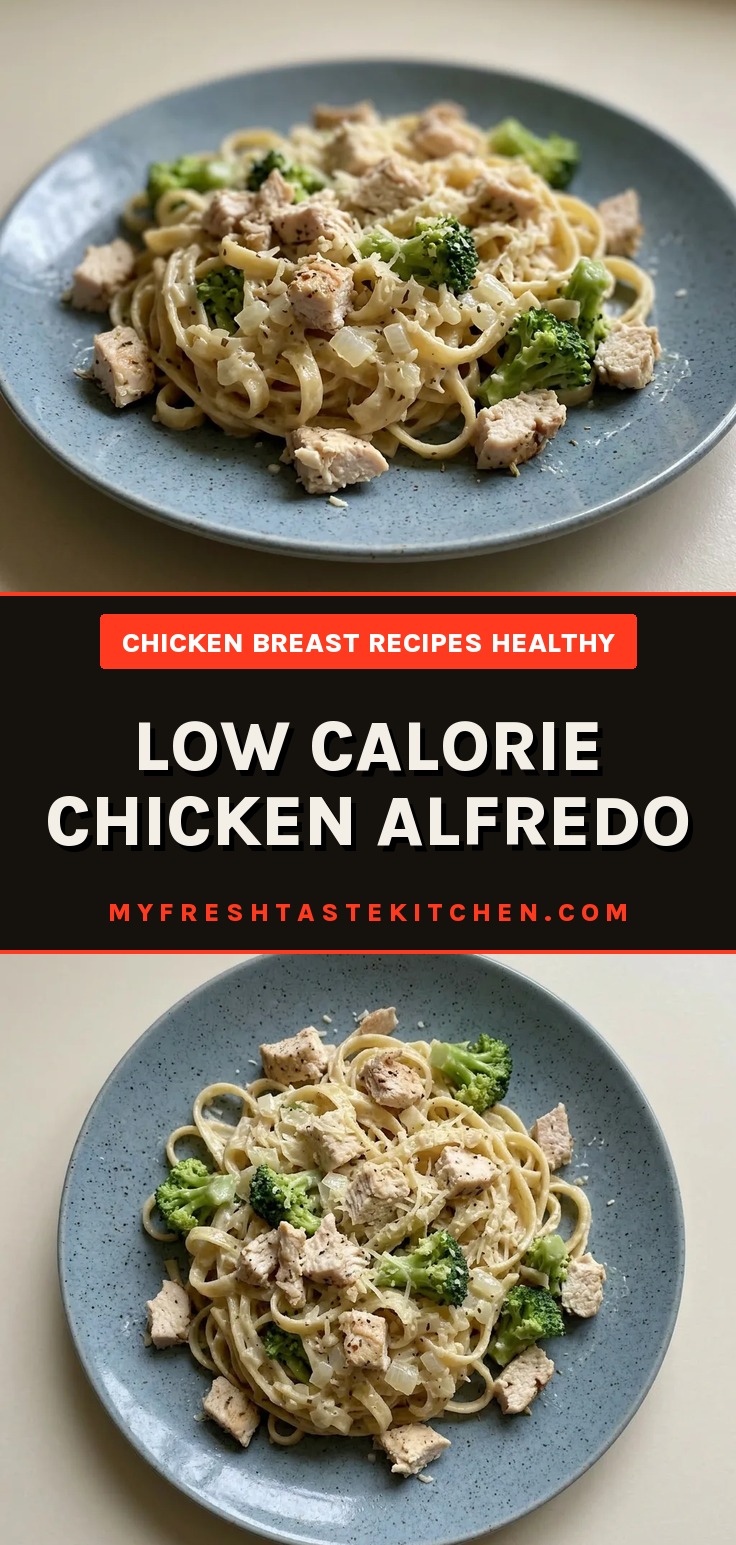 Bird's-eye view of pasta, chicken, and broccoli in creamy sauce with Parmesan and cream cheese.
