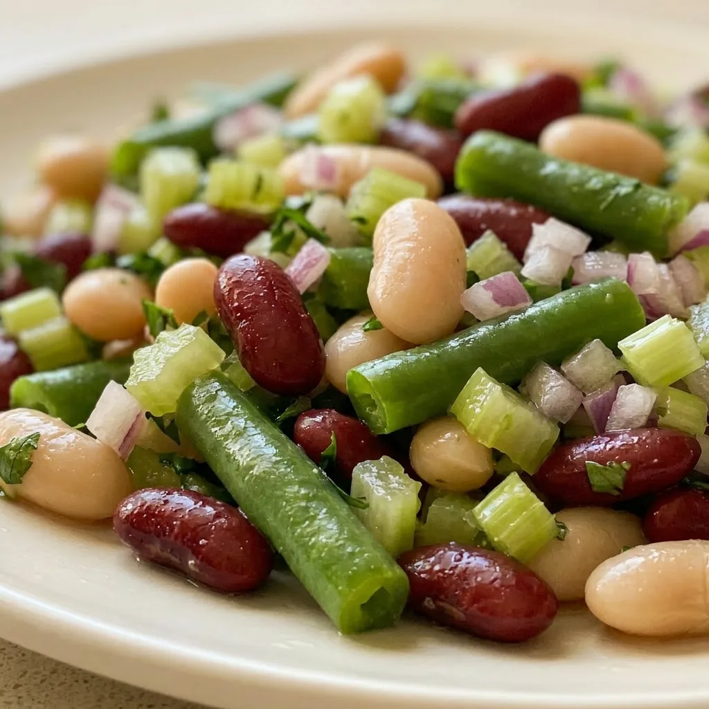 Macro detail of cannellini beans, kidney beans, and green beans alongside translucent red onion pieces and green celery bits, glistening with vinegar dressing.
