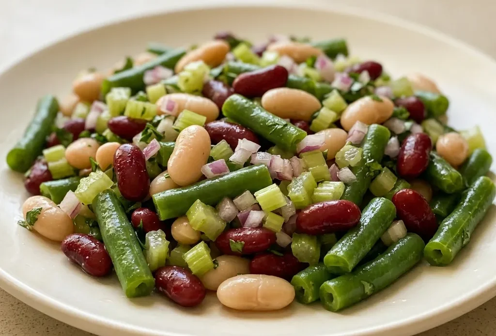 Top-down look at a pile of three bean salad with cannellini, kidney, and green beans mixed with diced celery and red onion, dressed with apple cider vinegar.