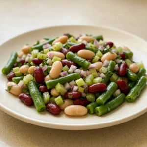 Top-down look at a pile of three bean salad with cannellini, kidney, and green beans mixed with diced celery and red onion, dressed with apple cider vinegar.