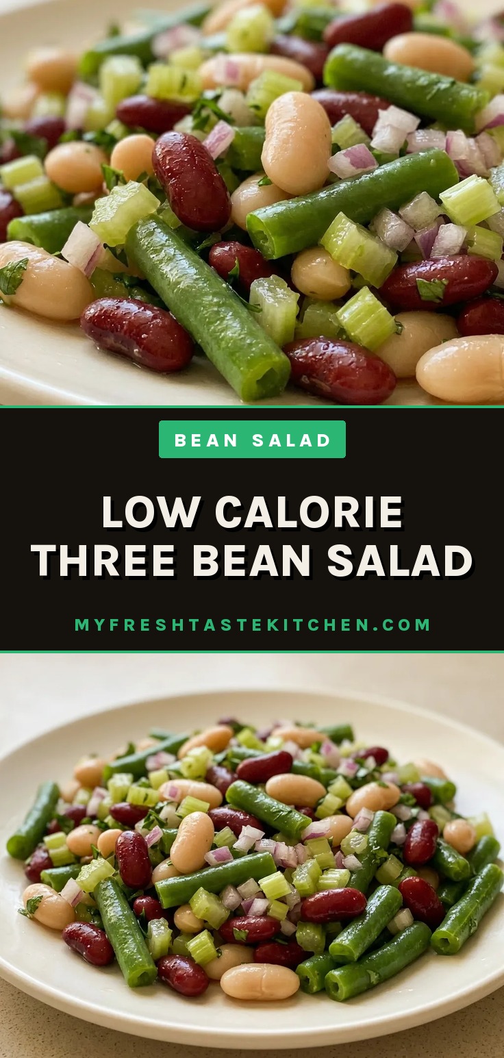 Low calorie bean salad with cannellini beans, kidney beans, and green beans in a bowl.