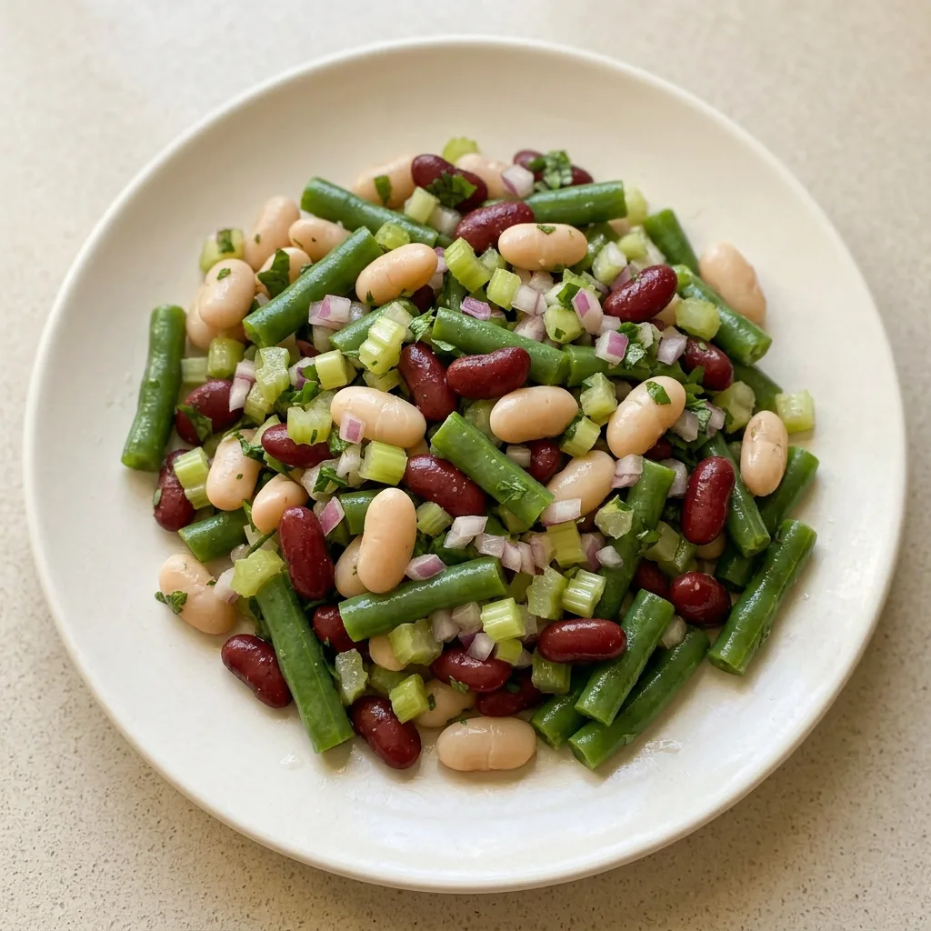 A serving of three bean salad featuring cannellini, kidney, and green beans with celery and red onion, coated in apple cider vinegar dressing.
