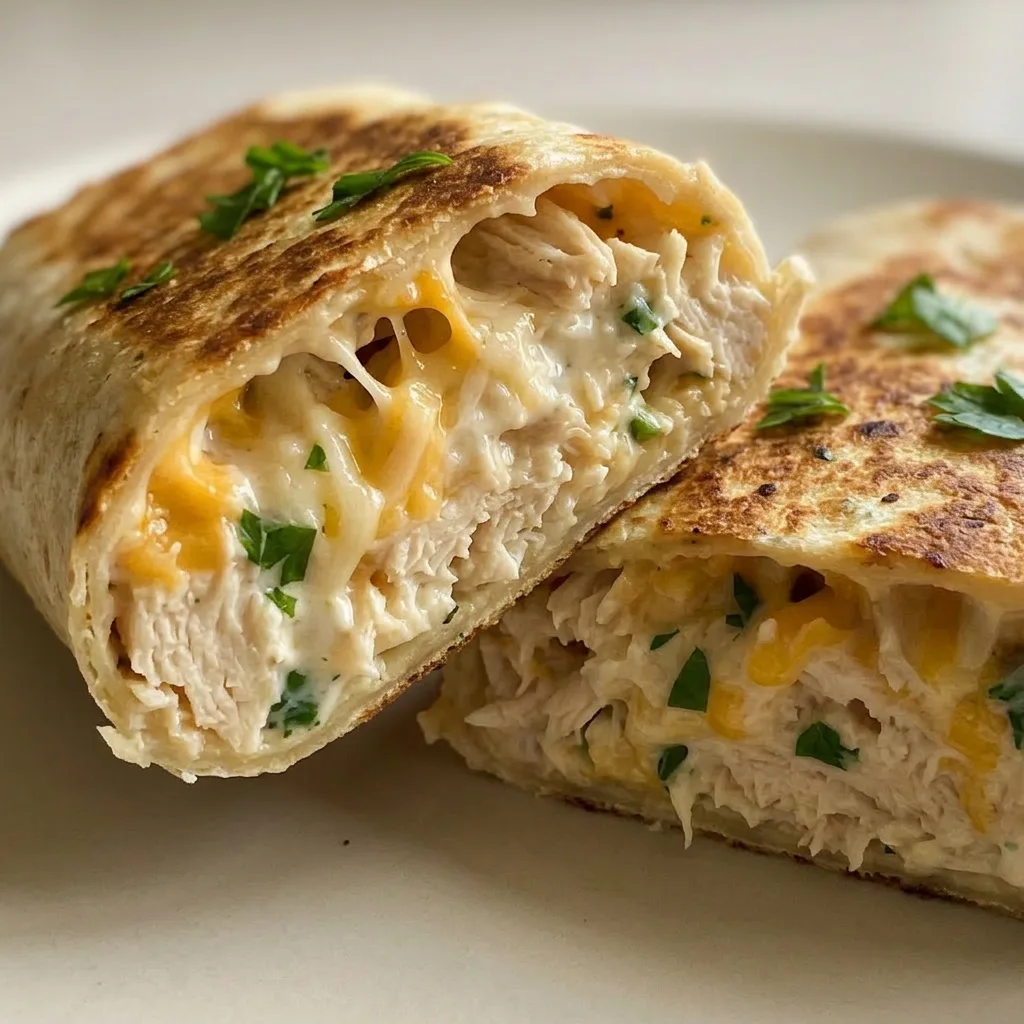 Macro detail of a cheesy garlic chicken wrap, showing melted mozzarella and cheddar oozing from the folded tortilla.