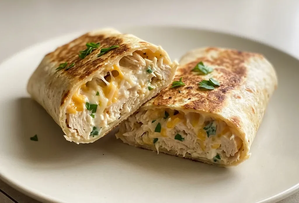 Top-down look at a low-carb tortilla wrap filled with shredded chicken, mozzarella, cheddar, and cream cheese, topped with garlic bits.