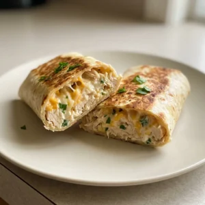 Top-down look at a low-carb tortilla wrap filled with shredded chicken, mozzarella, cheddar, and cream cheese, topped with garlic bits.