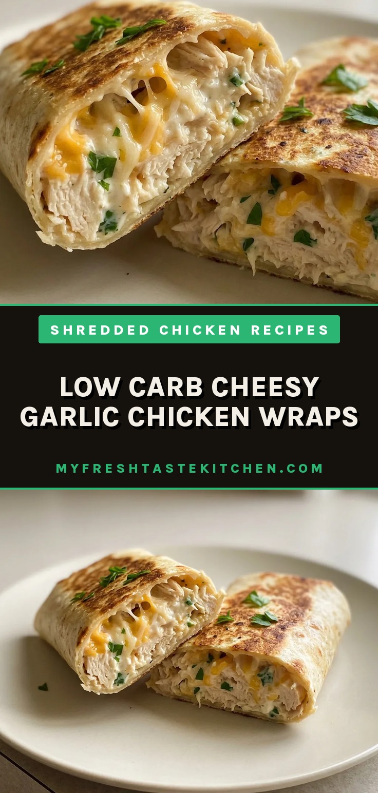 Top-down look at a low-carb tortilla wrap filled with shredded chicken, mozzarella, cheddar, and cream cheese, topped with garlic bits.