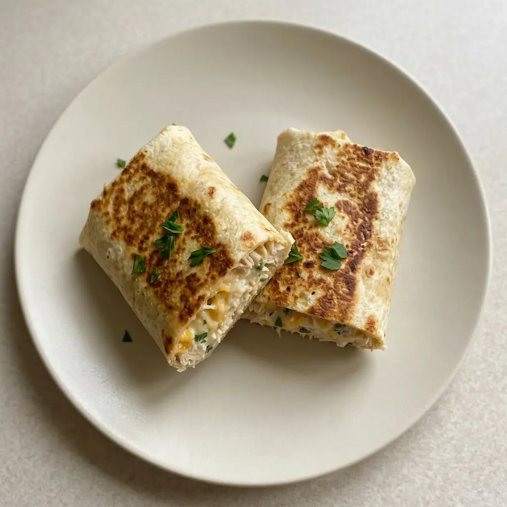 A serving of a low-carb cheesy garlic chicken wrap, cut in half to reveal the chicken and three-cheese filling.