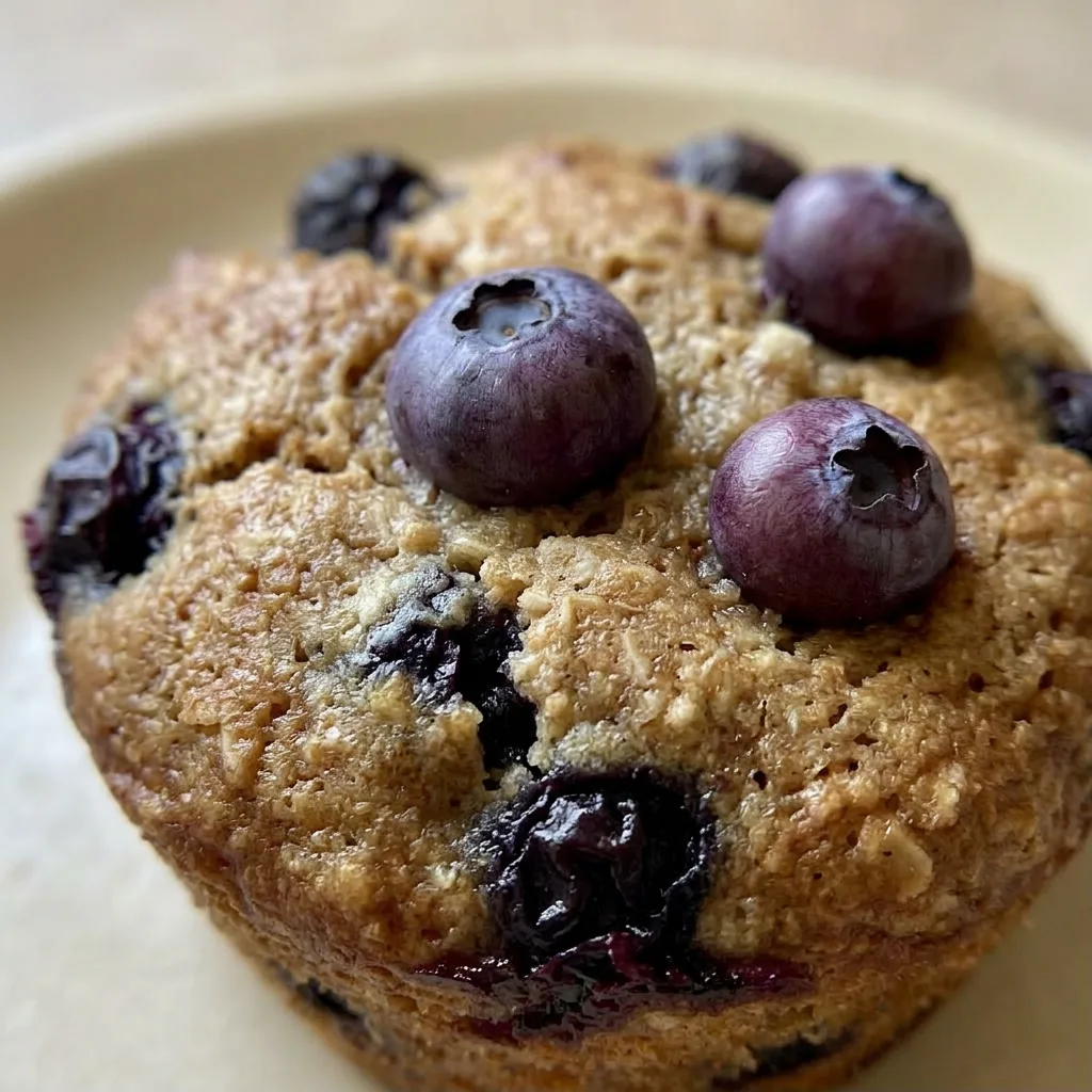 Up close, a muffin with a golden-brown top, visible Greek yogurt swirl, and blueberries full through the surface.