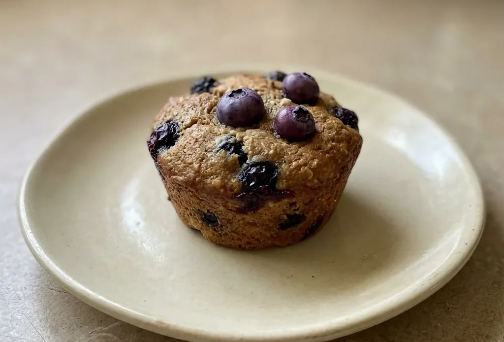 Looking down at three blueberry muffins on a plate, each topped with a few whole blueberries and a sprinkle of almond flour.