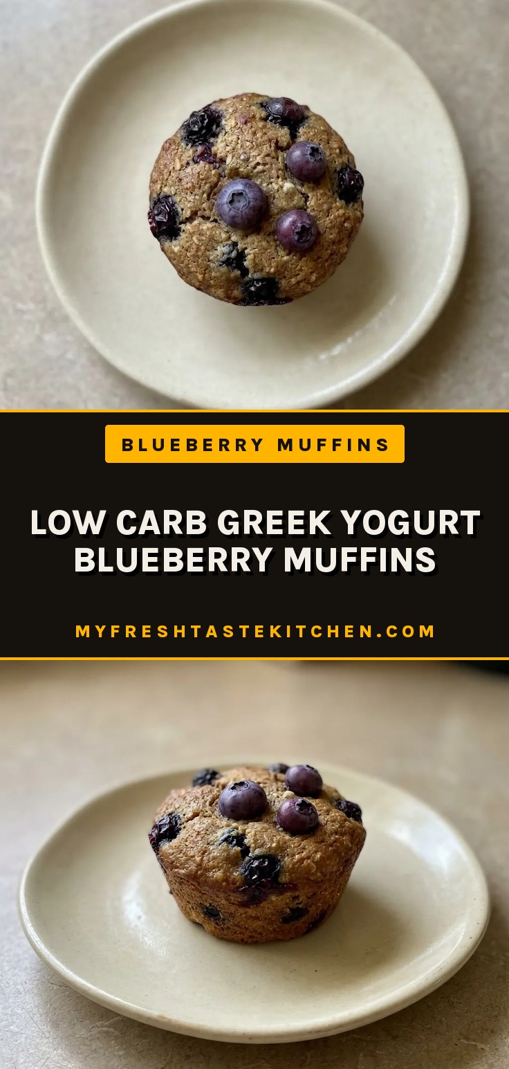 Looking down at three blueberry muffins on a plate, each topped with a few whole blueberries and a sprinkle of almond flour.