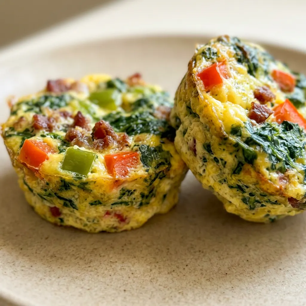 Close view of an egg muffin with spinach, bacon, and diced peppers visible on top.