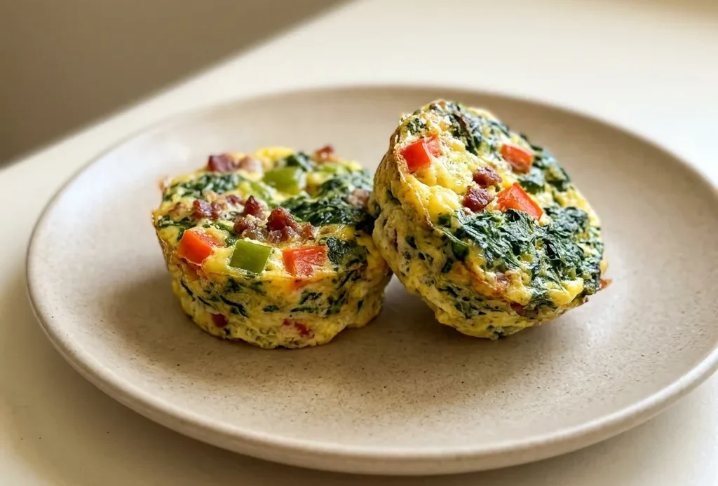 Overhead shot of two egg muffins topped with bacon, red and green bell pepper, and chives.